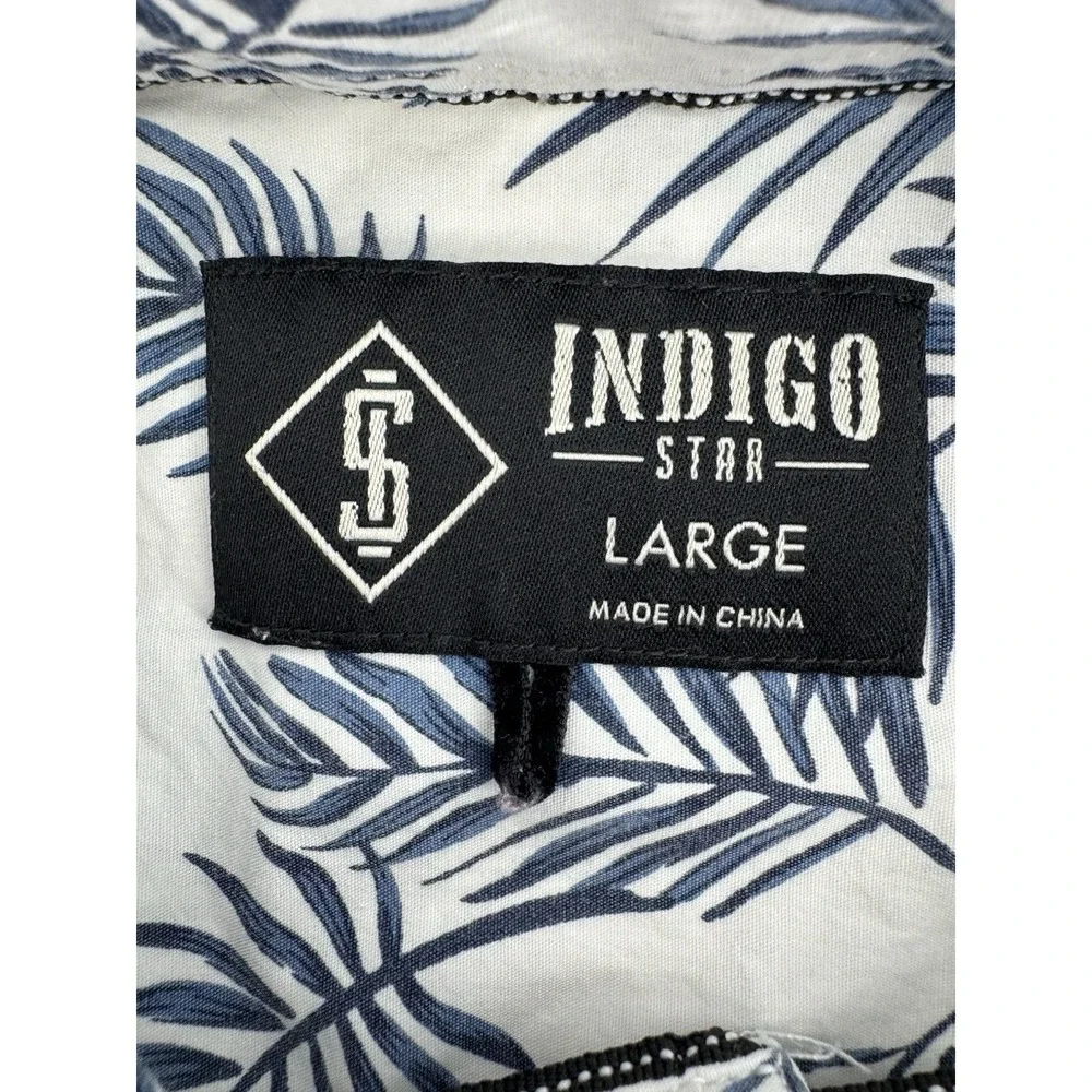 Indigo Star Hawaiian Shirt Men's Size L Cotton Relaxed Fit Floral Tropical Aloha